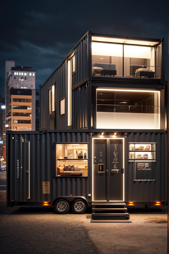luxury trailer coffee shop, capsule Splash gray Efficient modern, container-based can be towed,
black bronze Color Twisted Gradient, led lighting ,window and door,really very clear, 8k,background,3d, The style will be a realistic photograph