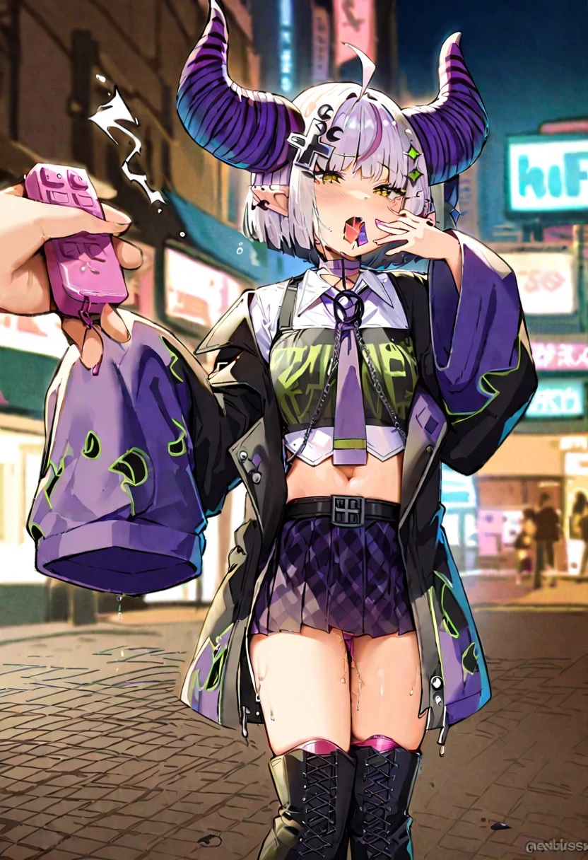 (throw_hand, pink vibrator remote switch in throw_hand, throw:1.2), Highest quality, Super detailed, masterpiece, Ultra-high resolution, 8K, Ridiculous, Cowboy Shooting, Blurred, One girl, Embarrassing, blush, Lovely, , With tears in her eyes and her mouth open, What saliva leaves behind, Wet skirt hem, Not wearing pants, Bulging of the vibrator cord, Vibrator with Garters, ,Squirting、,,Peeing、night、In the city with no one,NFSW+3rd
horns
necktie
pointy ears
hair ornament
jacket
piercing
shirt
boots
skirt
sleeves past fingers