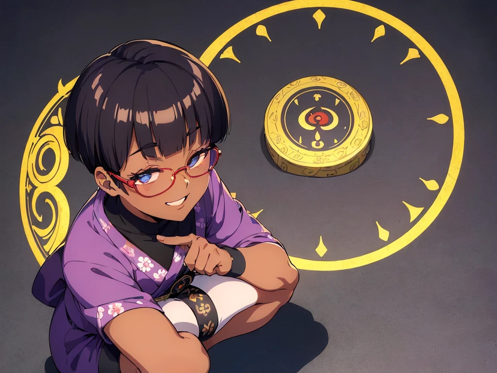 (flat chest:), (masterpiece:1.2), highest quality, High resolution, unity 8k wallpaper, (fine and beautiful eyes:1.6), highly detailed face, perfect lighting, Detailed CG, (perfect hands, perfect anatomy), (1 boy solo:1.4), 20 years old, black hair, extremely beautiful detailfeminine face and eyes, (evil smile:1.4), detailed eyes, best quality,( dark skin:1.8), (turtleneck shirt under yukata:1.2), (bike shorts:1.2), extremely detailed, very precise detailed, (glasses:1.3), blunt bangs, open mouth, (very short pixie cut:1.2), boots,fingerless gloves, smile, (half closed eyes:1.5) ,(squat in magic circle on ground:1.1) ,night sky,long sidelocks,(long red Scarf),(yukata),(squatting),(acrobat pose:1.3),(squat:1.3),leaning forward,(one knee dwon:1.5),(Put one foot in front:1.3),(stylish pose:1.4),(Raise only index finger:1.1),(retro artstyle:1.2), (1990s \(style\)),(in magic circle on ground only:1.3),(from above:1.2),(open magic scroll:1.9)
