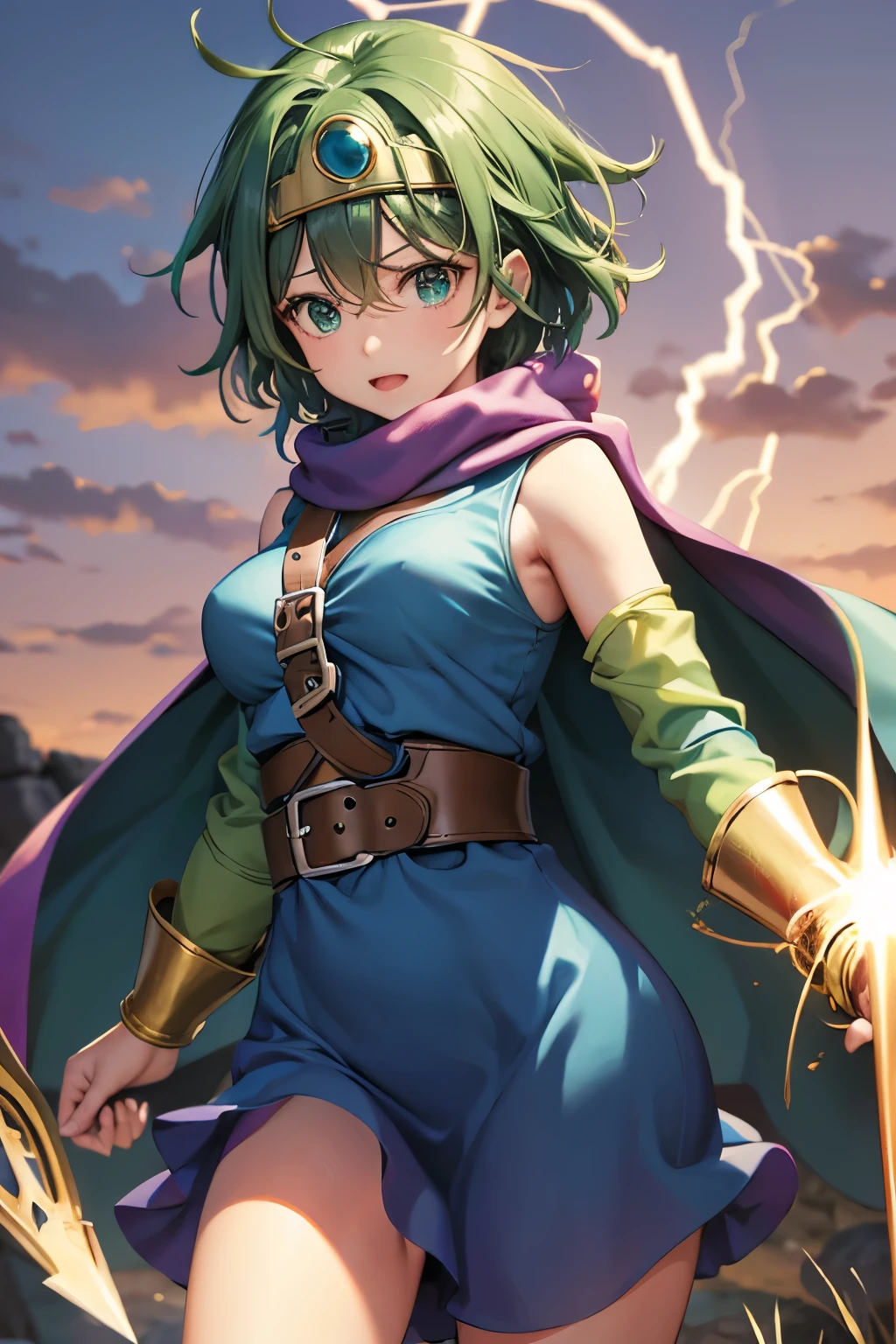 （（（ＳＦＷ、sound、Highest quality、first-clasasterpiece、Normal body、8K、Detailed face、Ultra-precision、Normal hand、Normal finger、５Finger、Highest）））、beautiful girl、Green Hair、Small breasts、Shortcuts、Blue high-leg retard、No sleeve、Green belt、Red cloak、Circlet、Legendary Sword、DRAGON QUEST、Female Hero、 combat、Combat Ready、Lightning Slash、incantation、Gigadein