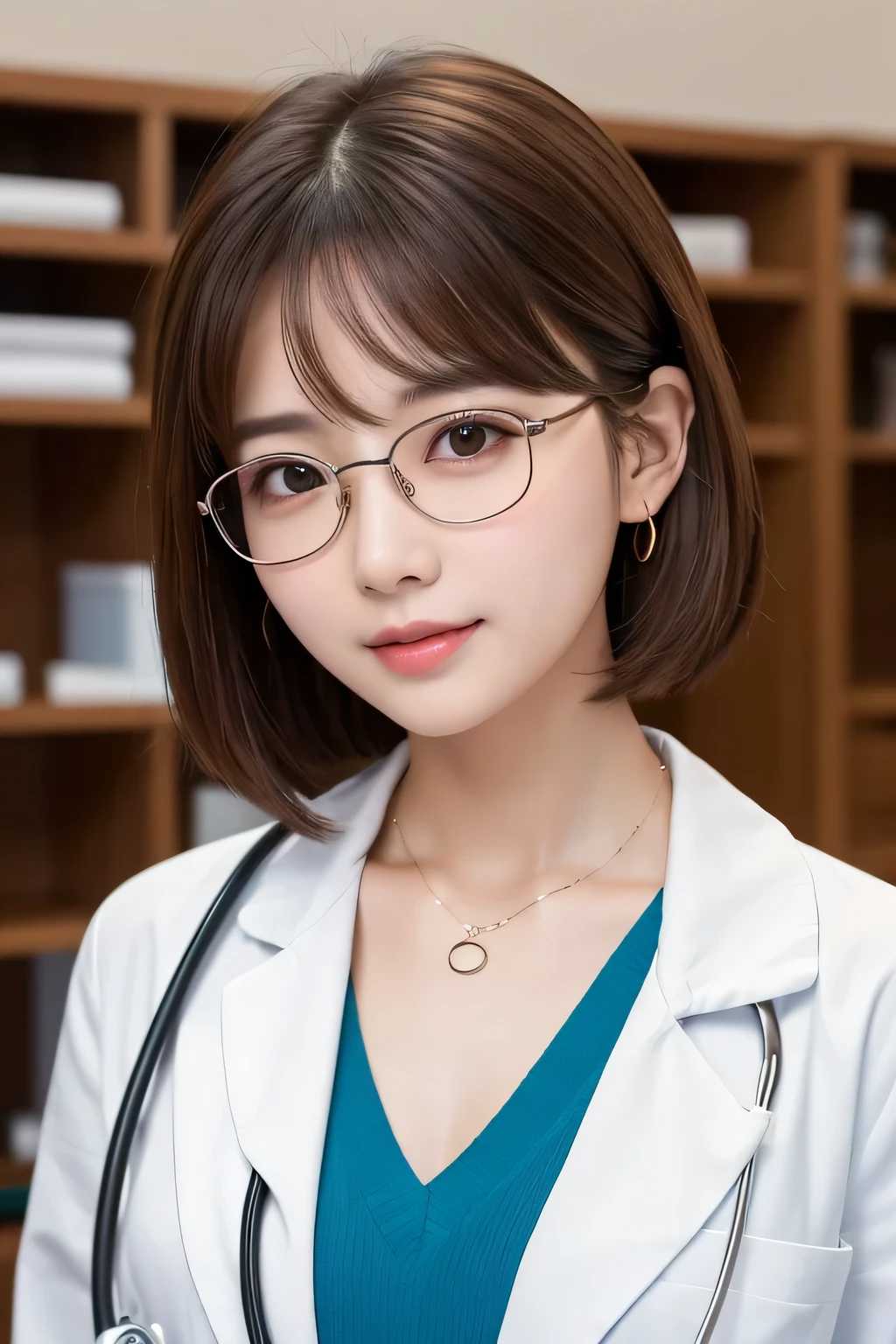 Beautiful young woman、 Korean women、Light brown hair、Necklace around the neck、White、Doctor's clothing、Intelligent Glasses、Stethoscope、Wavy Hair、short hair、Intricate details, Very detailed:1.2), 、 Looking into the camera,The background is the inspection room..、ear piercing