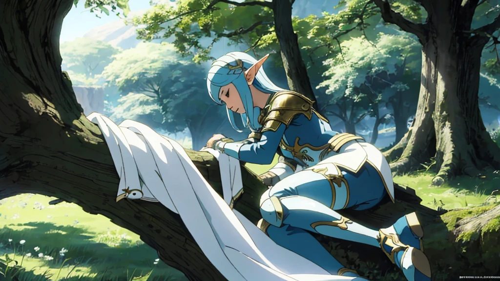 fantasy elfe girl sleep ,sous un arbre, high quality , armor , white air