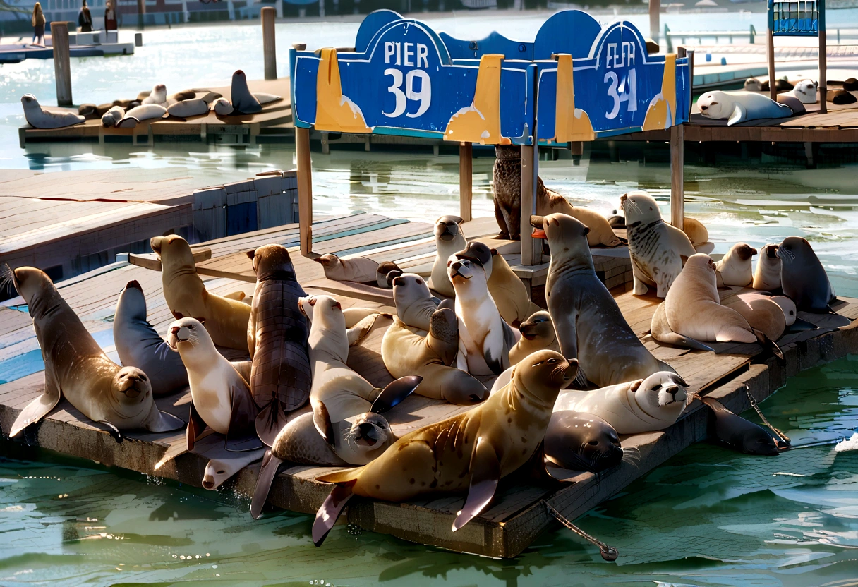 pier with seals, seals by the water, seals, large Ferris wheel