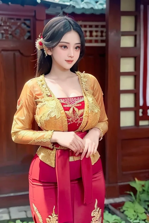 Photography, 1girl, red "Javanese" kebaya clothing,traditional clothing "Indonesian" cloth belt,high detail, ultra realistic, soft focus "Indonesian" Javanese traditional house background, 8K,no defects, photoreal, big breasts