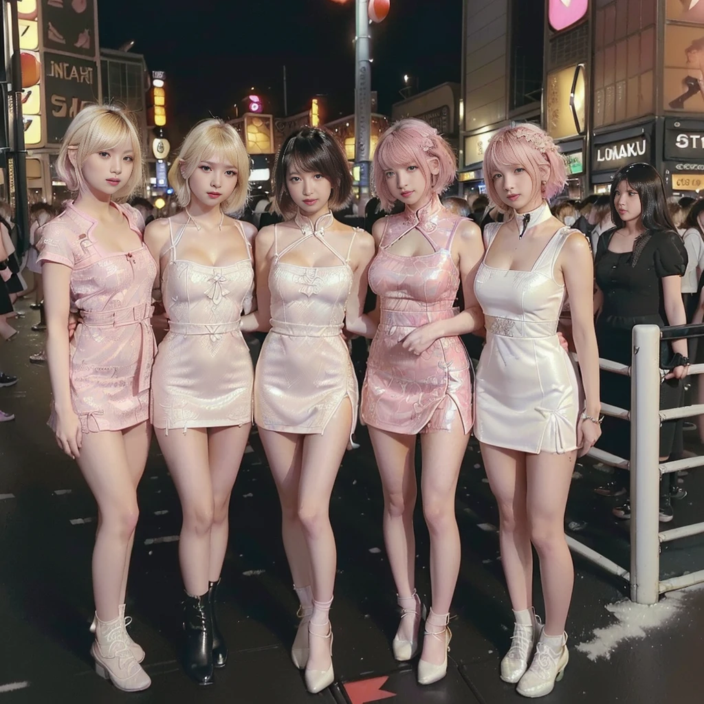 masterpiece, top-quality, top-quality, Beautifully Aesthetic:1.2, ((4 girls)), 
((Middle girl is Wearing Chinese dress, miniskirt:1,2), high detailed, 
((Left girl is Wearing Chinese dress, miniskirt:1,2), high detailed, 
((Right girl is Wearing Chinese dress, miniskirt:1,2), high detailed, 
(Three girls are standing side by side in a neat line:1.3), large breasts, firm breast, nicely shaped breasts, slender figure, 
(((Bleached Hair))), pink mesh hair, (short hair:1.2), 
((At the middle of very crowded Shibuya Scramble Crossing at late night:1.2)), (Full body shot:1.1), (Looking at viewer)
