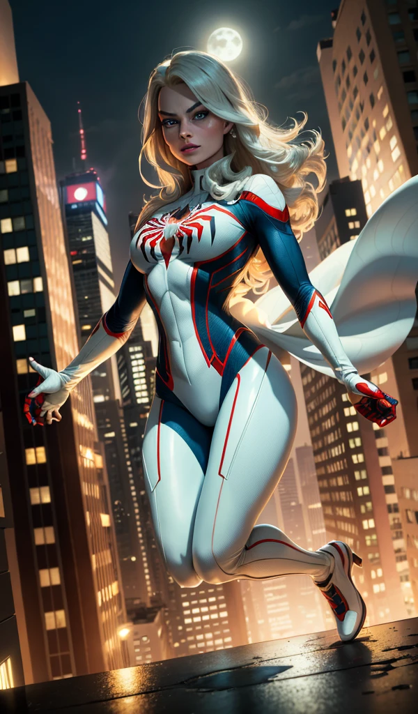 Margot Robbie (Masterpiece, 4k resolution, ultra-realistic, very detailed), (White superhero theme, charismatic, there's a girl at the top of town, wearing Spider-Man costume, she's a superhero), [ (25 years), (long white hair:1.2), full body, (blue eyes:1.2), ((Spider-Man pose),show of strength, jumping from one building to another), ((sandy urban environment):0.8)| (cityscape, at night, dynamic lights), (full moon))] # Explanation: The Prompt mainly describes a 4K painting of ultra-high definition, very realistic, very detailed. It shows a superheroine at the top of the city, wearing a Spider-Man costume. The theme in the painting is a white superhero theme, the female protagonist has long white hair, is 25 years old and her entire body is shown in the painting. In terms of portraying the actions of superheroines, spiders are employed.  visible 