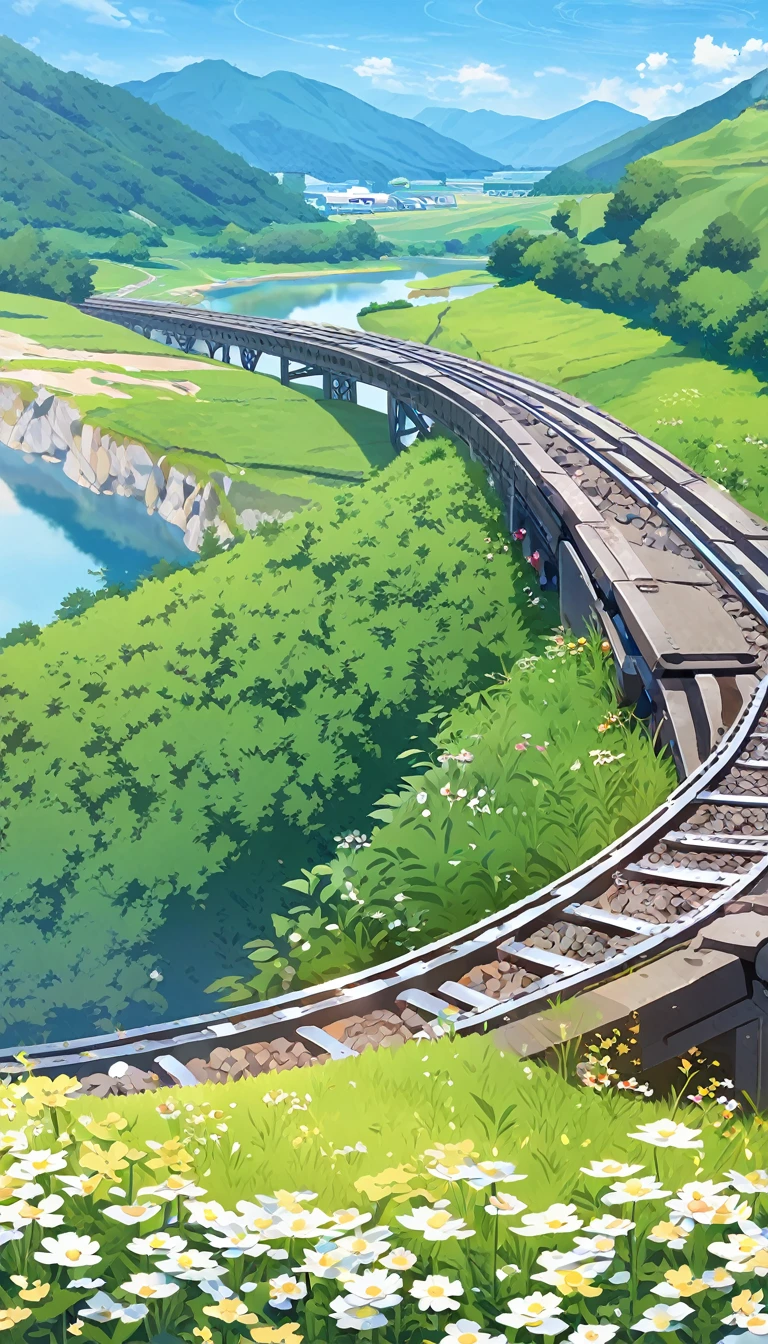 (The front of a high-speed train loaded with coal moves forward), railway tracks extending from mines, on bridges,Flower Field,hillside,Hiking, plateau, summer,nobody