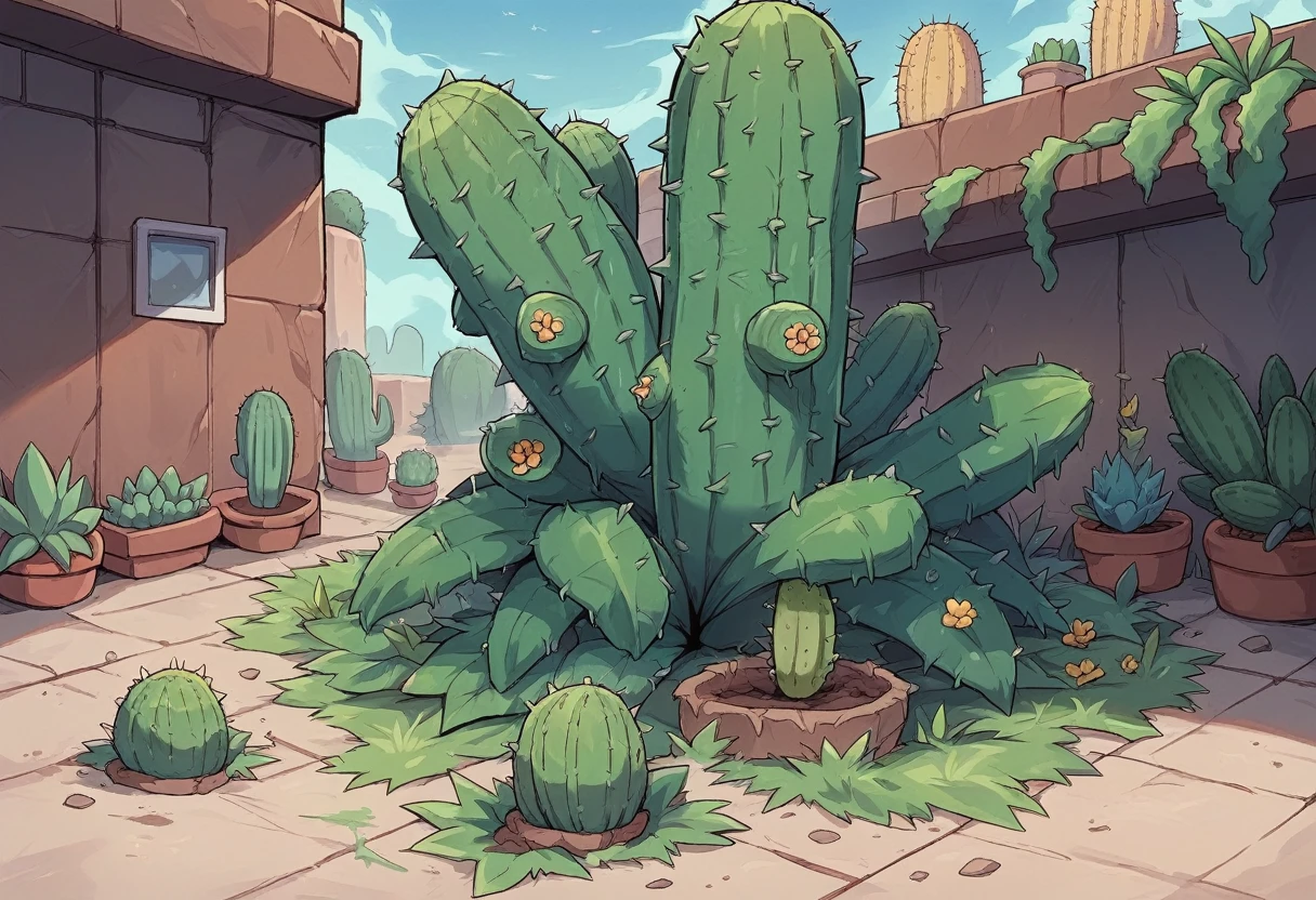 there is a cactus plant in the middle of a garden, cactus adjacent, cactusы everywhere, cactusы, cactus and flowers, double exposure, tall plants, huge thorns, subtropical plants, Exotic vegetation, with vegetation, next to a plant, lot of Exotic vegetation, a lot of vegetation, lush gnarled plants, large plants in the background, cactus, plants are everywhere