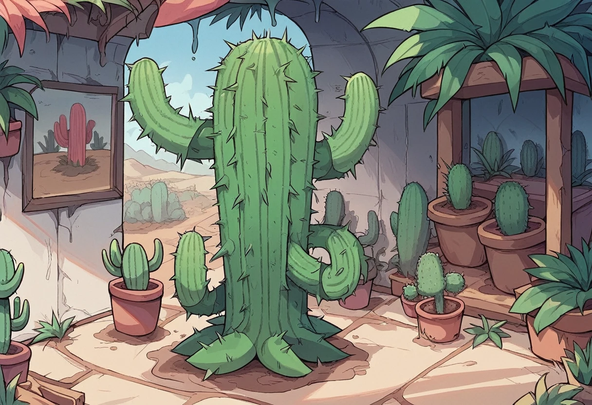 there is a cactus plant in the middle of a garden, cactus adjacent, cactusы everywhere, cactusы, cactus and flowers, double exposure, tall plants, huge thorns, subtropical plants, Exotic vegetation, with vegetation, next to a plant, lot of Exotic vegetation, a lot of vegetation, lush gnarled plants, large plants in the background, cactus, plants are everywhere