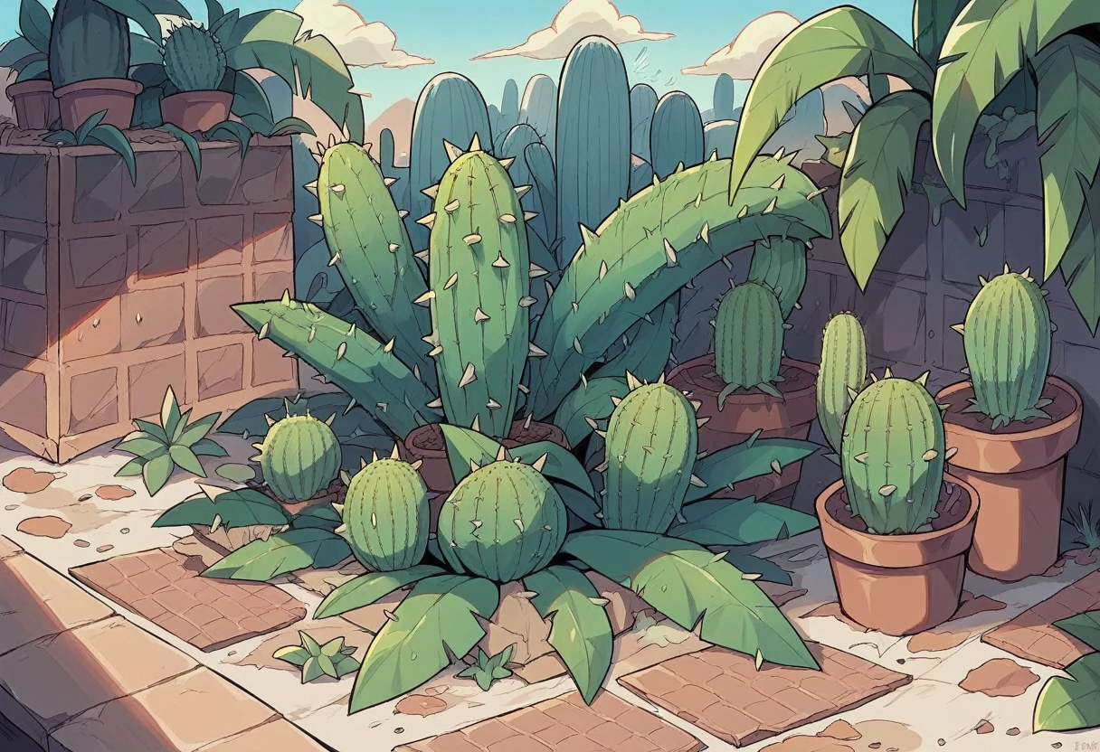 there is a cactus plant in the middle of a garden, cactus adjacent, cactusы everywhere, cactusы, cactus and flowers, double exposure, tall plants, huge thorns, subtropical plants, Exotic vegetation, with vegetation, next to a plant, lot of Exotic vegetation, a lot of vegetation, lush gnarled plants, large plants in the background, cactus, plants are everywhere