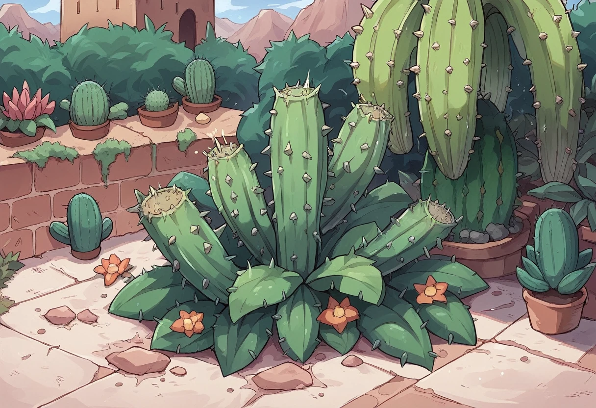there is a cactus plant in the middle of a garden, cactus adjacent, cactusы everywhere, cactusы, cactus and flowers, double exposure, tall plants, huge thorns, subtropical plants, Exotic vegetation, with vegetation, next to a plant, lot of Exotic vegetation, a lot of vegetation, lush gnarled plants, large plants in the background, cactus, plants are everywhere