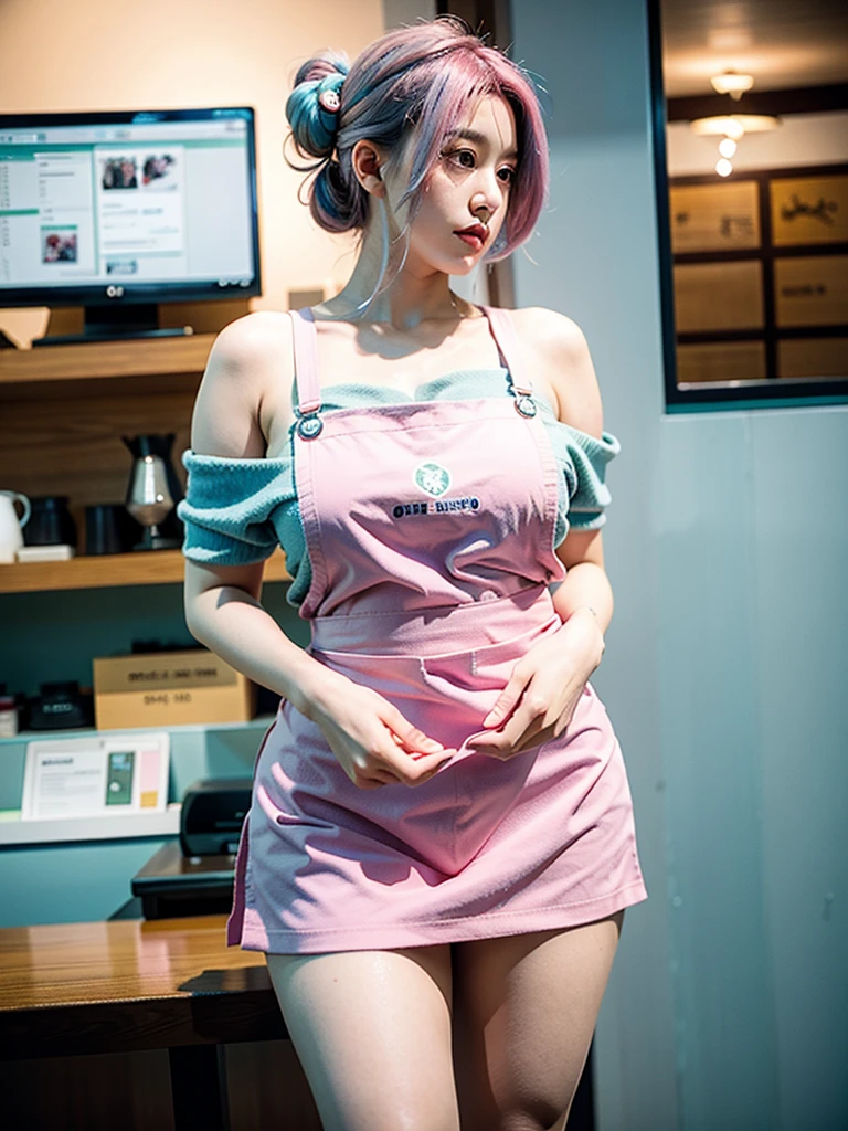 A girl name “Sakura”, Cool beauty, Looks sweet,(updo, blue and pink hair), only wearing dark green starbucks apron, off-shoulders, show clavage, show big thigh, plump body, huge breast, full body photo, standing pose. Side view. In coffee shop.