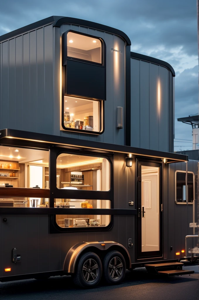 luxury trailer coffee shop, capsule Splash gray Efficient modern,can be towed,
black bronze Color Twisted Gradient, led lighting ,window and door,really very clear, 8k,background,3d, The style will be a realistic photograph