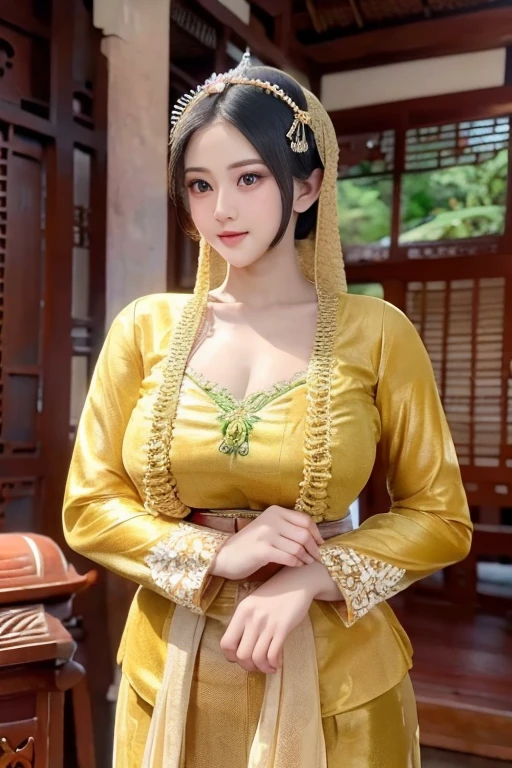 Photography, 1girl,  "Javanese" transparant kebaya clothing,traditional clothing "Indonesian" cloth belt,high detail, ultra realistic, soft focus "Indonesian" Javanese traditional house background, 8K,no defects, photoreal, big breasts