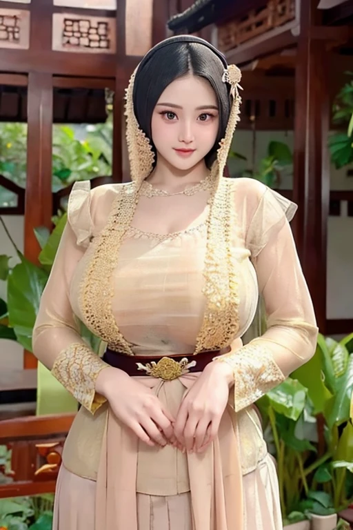 Photography, 1girl,  "Javanese" transparant kebaya clothing,traditional clothing "Indonesian" cloth belt,high detail, ultra realistic, soft focus "Indonesian" Javanese traditional house background, 8K,no defects, photoreal, big breasts