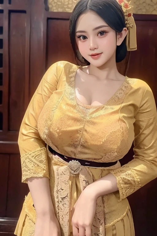 Photography, 1girl,  "Javanese" transparant kebaya clothing,traditional clothing "Indonesian" cloth belt,high detail, ultra realistic, soft focus "Indonesian" Javanese traditional house background, 8K,no defects, photoreal, big breasts