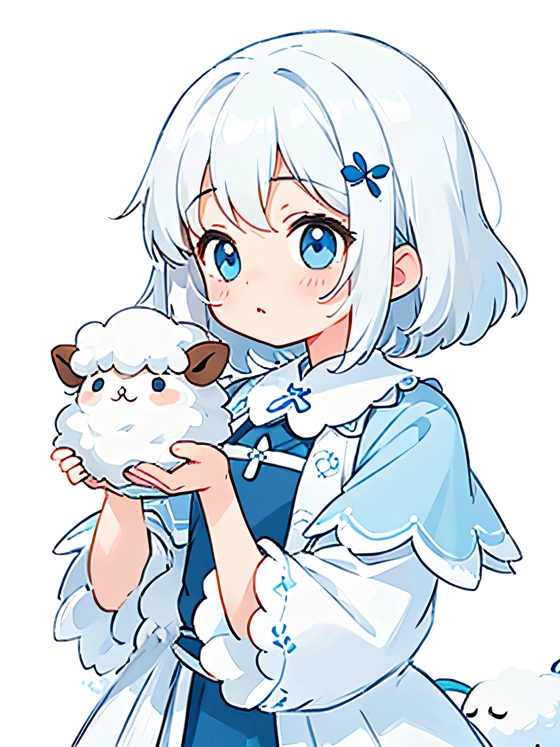 alone, masterpiece, Highest quality, Very detailed, Detailed drawn eyes,One Girl、White background、Short Hair Styles、White Hair、Light blue eyes、Healing、fluffy、Fluffy、A girl with a sheep motif