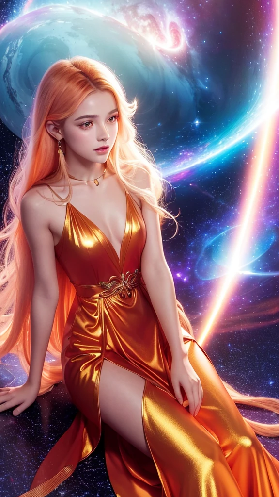 4K ultra hd, masterpiece, a girl with a magical aura, good face, long hair, shining hair, detailed eyes, glossy lips, wearing a dress in color orange, aura around the body, magical effects, spreading white and orange lights, Cosmic elements and ethereal atmosphere, A mix of bright lights and colorful nebulas, universe background, sitting, whole body capture.