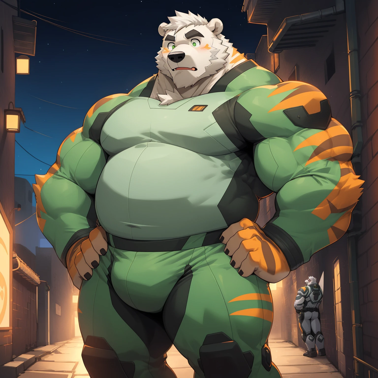 masterpiece, best quality, 8k resolution, Very detailed, hairy，(((Polar Bear))，(((Mature)))，(((beard))),(((Strong)))，(((White hair)))，portrait，(((White hair)))，(((With orange stripes)))，(((outdoor)))，For the audience，(((Light Green Hero Bodysuit)))，Highest quality scenes，solitary，(((whole body)))，(((Hands on hips)))，(((Alley)))，(((surprise)))，((Fat-wrapped muscles))，(((Father)))，(((Round Face)))，(((Solitary)))，(((Strong body)))，(((Bulging buttocks)))，(((Night)))