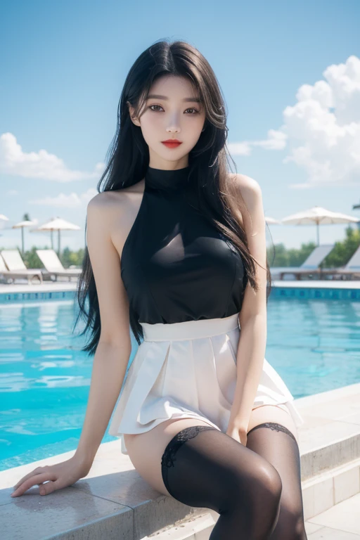 (top quality, 8K, masterpiece:1.3)), A girl prefect body and pretty pretty maiden,pure,oval face,Gentle and cute,sweet smile,pure,thin body,(Street),looking directly into the camera,black stockings, inner strength, formal,Black silky long, layered long hair,Long hair spread over shoulders,big deal, round, black eyes,clear big eyes,Hydrated red lips,Sweet,Sitting next to the pool,blue skywhite clouds,blue sky,stand
