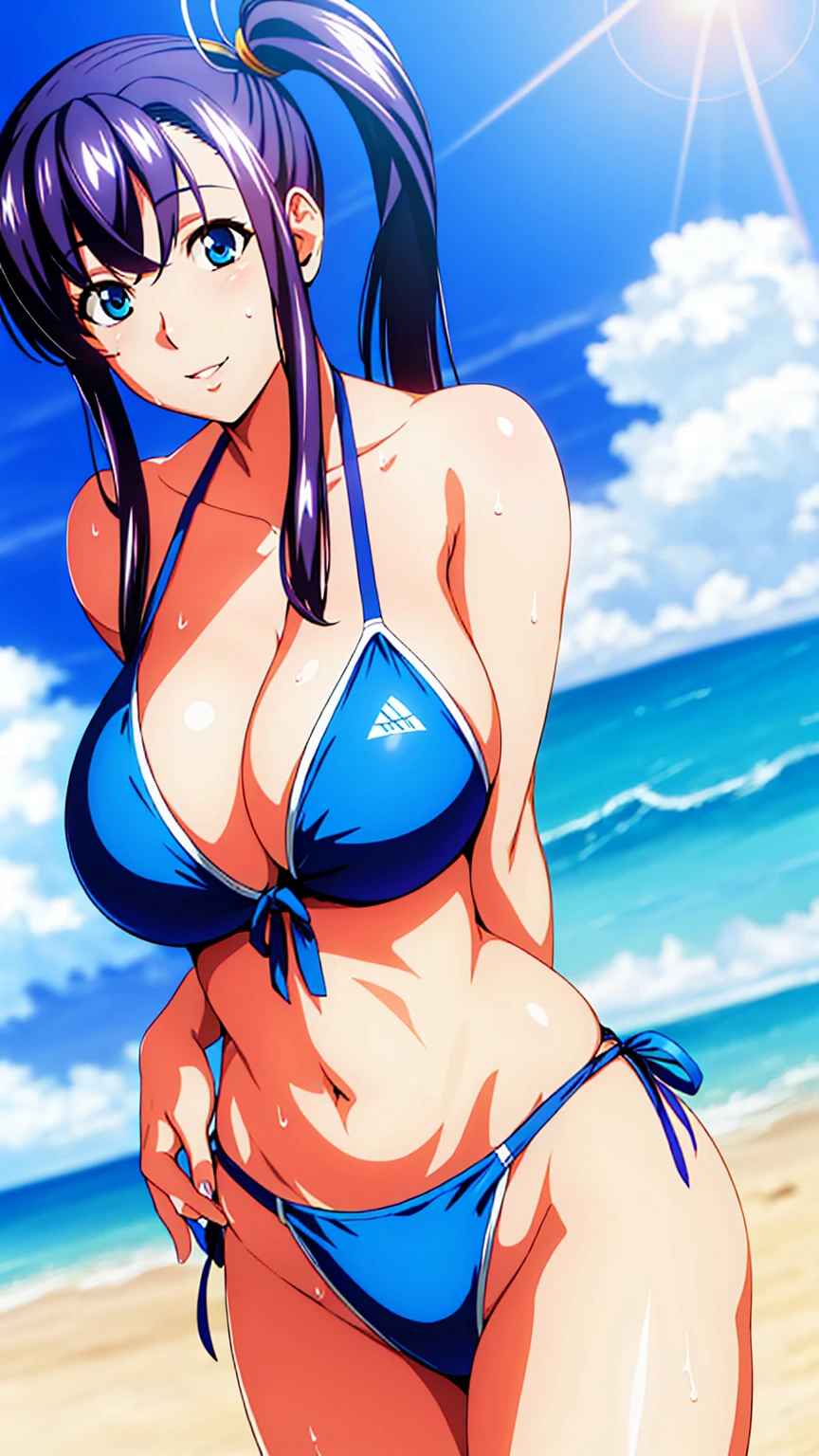 
Blue Eyes, Purple Hair, bangs,Side Ponytail, hair ornaments, Smiling, looking at the viewer, blue theme, blue background, cloudy sky, sunlight, sweat, orgasmic, bikini swimsuit, large breasts, cleavage, belly button exposed, collarbone, thighs, sea and beach,