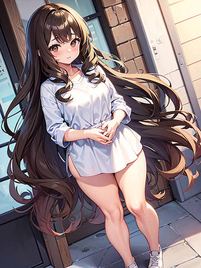 Anime girl, shy, thick, curvy, long curly brown hair with bangs, brown eyes, pastel outfit aesthetic