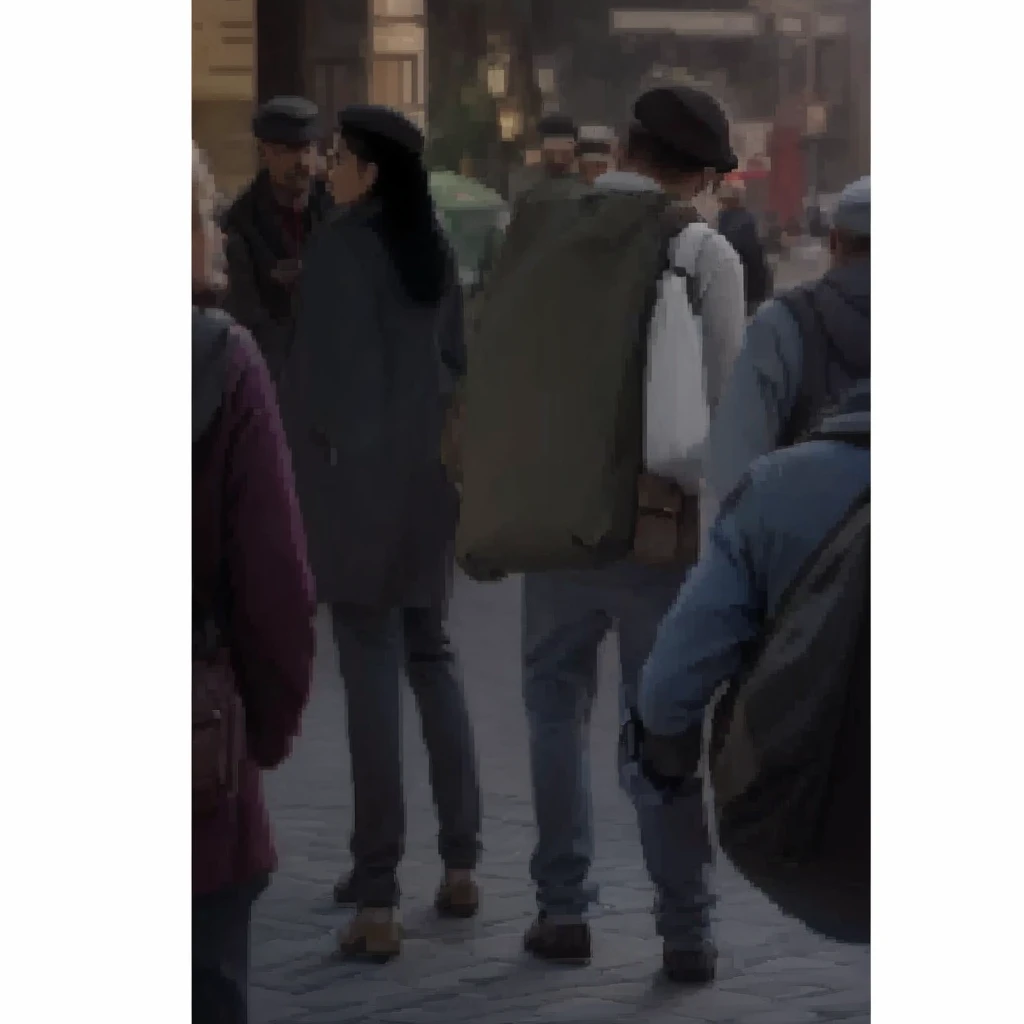 In a city in Europe, a couple on the left is talking, to their side is a man with a beret, carrying a large green bag. Photorealism, full view, highly detailed image, very realistic, hyperrealism, Ultra HD, 8k, 5, sharp focus, intricate and mysterious masterpiece. (Long exposure photography Very detailed close-up portrait artistic illustration: final quality, medium shot, backlight, Rich and striking. Enigmatic and mysterious manipulations (composition of the rule of thirds), ((detailed environment with strong lines) Lo best quality, in camera, white light, warm and clean aesthetics, dazzling screen composed of millions of brilliant ultraviolet rays, HDR.