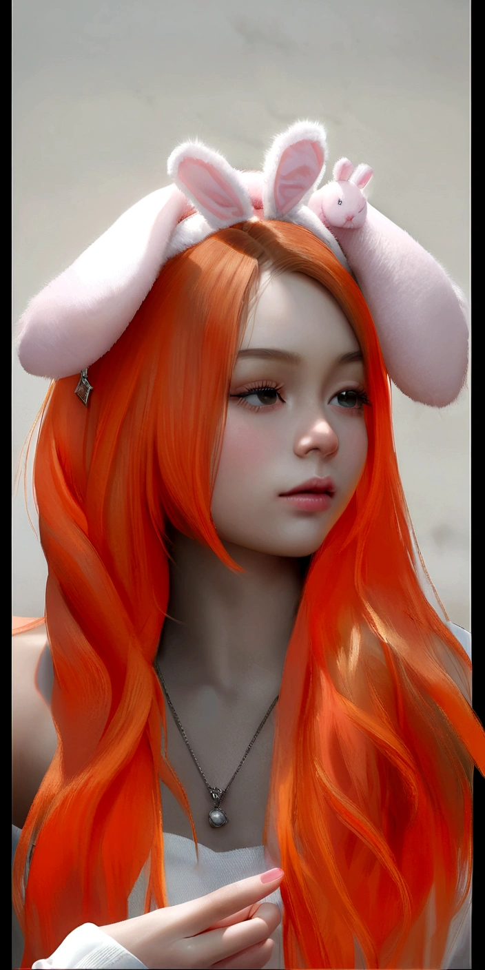 there is a woman with Orange hair and a pink bunny ears, painted in anime painter&#39;s studio, made with anime painter studio, anime realism style, bright orange hair, infrared hair, retrato de Jisoo from Blackpink, Orange hair, with long, floppy rabbit ears, she has long redOrange hair, long Orange hair, Jisoo from Blackpink, realistic anime art style