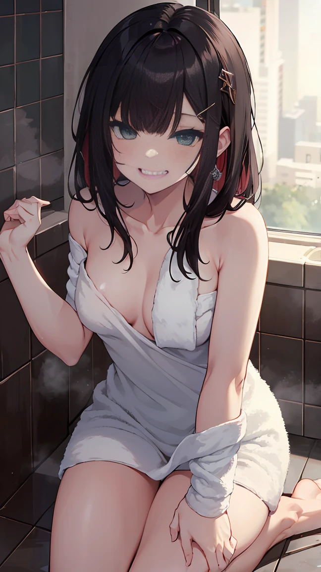 (Highest quality), (masterpiece), 1080P, High resolution, 4K, 8K, ((bath towel)), ((bath towel)), Thighs, ((Shooting from below)), Leaning forward, Embarrassing, Bathroom, hot spring, chest in hand, Shoulder Bare, chest blowjob, between chest, paizuri, chest, Breast compression, Open your mouth, Fang teeth, Panic face, Exposing the nipples, small chest, Long black hair, 18-year-old, smile