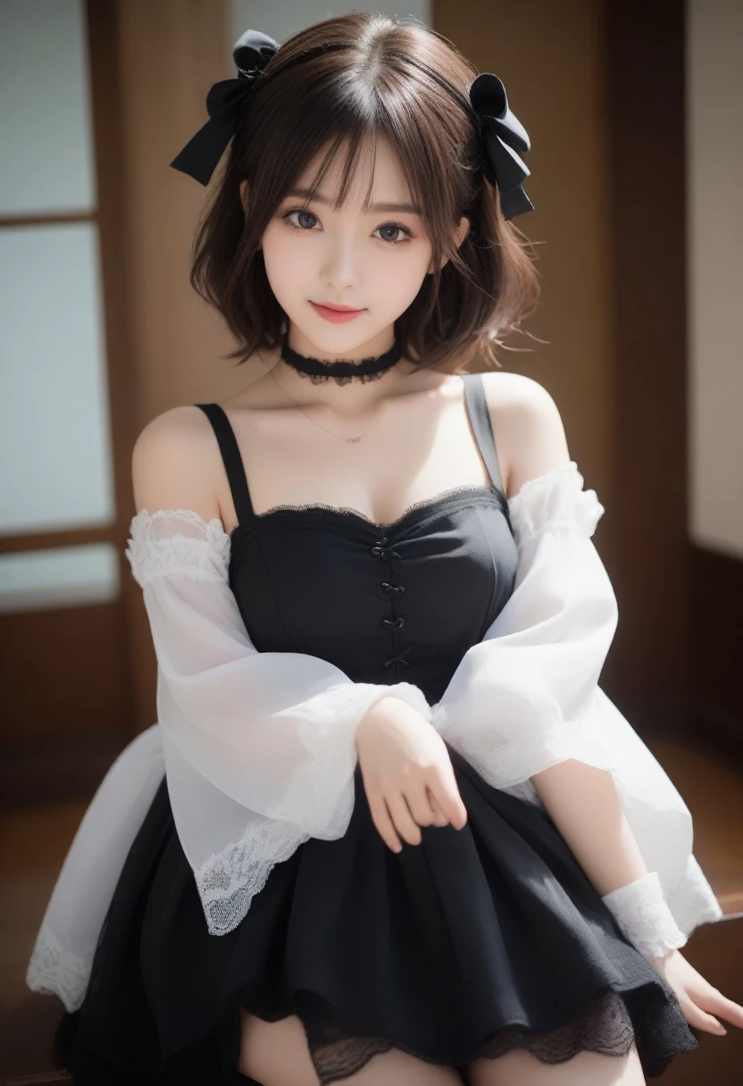 8K, Ultra-high resolution, Highest quality, masterpiece, 三分割法によるphotograph,Surreal, photograph, 1 girl, (16 years old:1.3), pretty girl, Cute face, Beautiful eyes in every detail, 細かくdetailedに,masterpiece,, One Girl:1.2, Japan Female Announcer,whole body,Young Wife,((Bondage and Gothic Lolita)),Pencil Skirt、Black Stockings,Black high heels、Full of cleanliness,A carefree smile,Healing the heart,short hair,Looking at the audience、beauty,Long neck、Laugh a little、Please close your mouth and laugh、(((Ideal body type))),A-cup small breasts :2,、Portraiture:2、Perfect Anatomy、鮮明なdetailed、detailed、Surreal、Light and shadow,Strong light