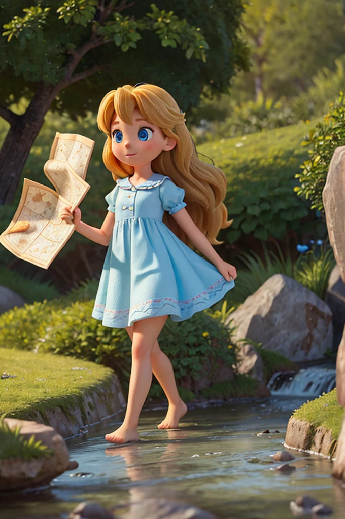 As they walked, the terrain became increasingly steeper and more difficult to navigate. The temperature was starting to rise, could feel the heat of the rocks beneath her feet. Felicia, the fairy flying beside her, reassured her with encouraging words.a with long, thick hair of golden hair and two big, sparkling blue eyes, wearing a dress and pajamas, she's a , she's holding a map in her hand, she's