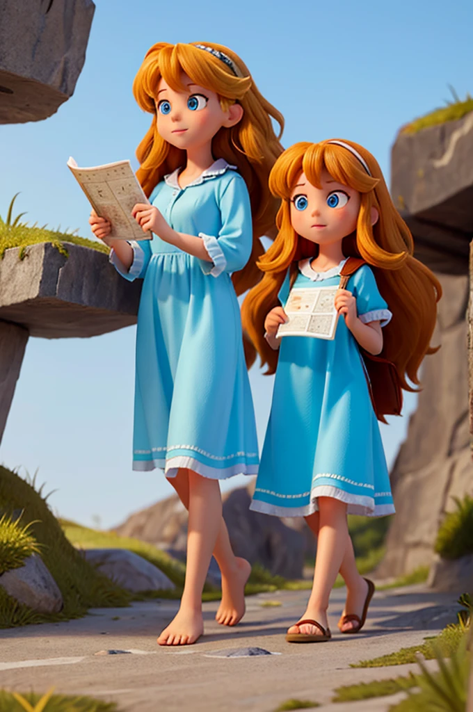 As they walked, the terrain became increasingly steeper and more difficult to navigate. The temperature was starting to rise, could feel the heat of the rocks beneath her feet. Felicia, the fairy flying beside her, reassured her with encouraging words.a  with long, thick hair of golden hair and two big, sparkling blue eyes, wearing a dress and pajamas, she's a , she's holding a map in her hand, she's a kid