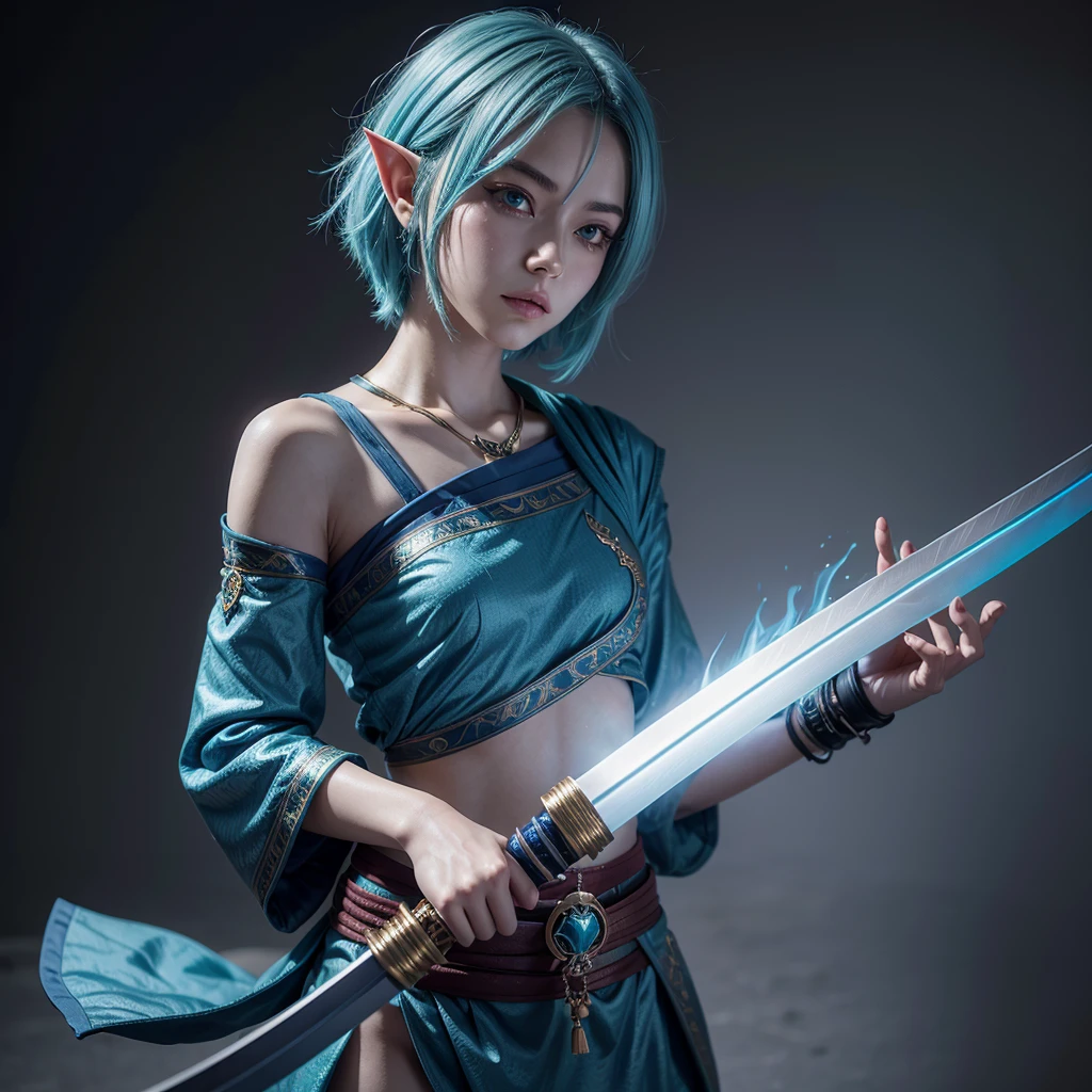 Create a female Astral Elf with short blue hair and a katana 