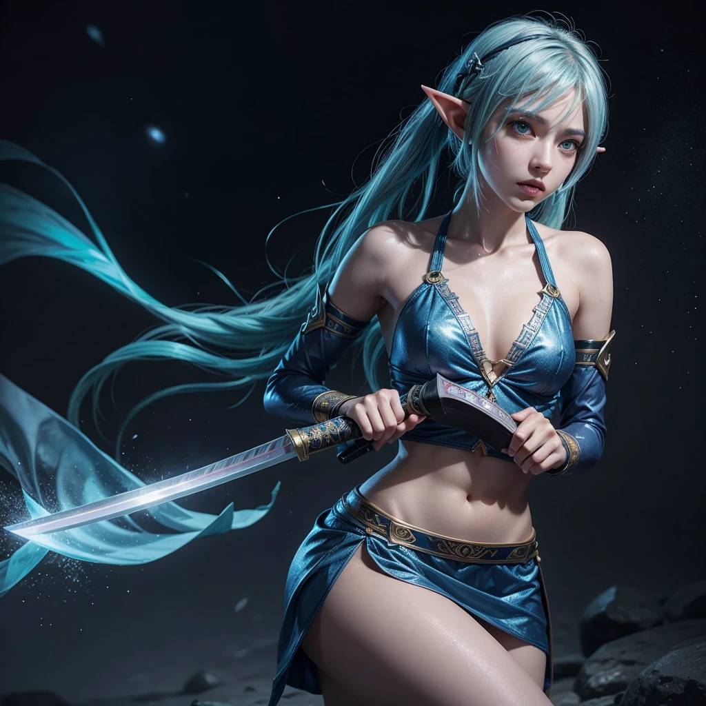 Create a female Astral Elf with short blue hair and a katana