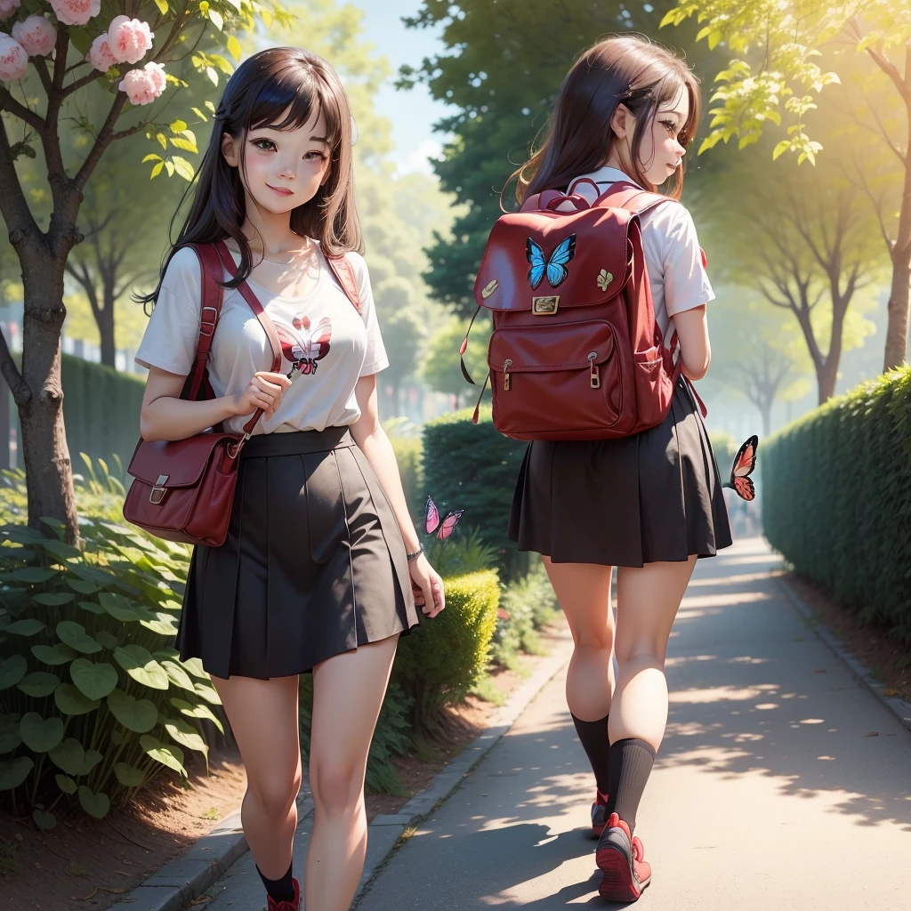 Attractive girl carrying a red backpack、An environment surrounded by beautiful greenery and nature、Enjoy spring outings with cute puppies. The illustrations are high definition illustrations with 4K resolution..、smile、Ultra-detailed:1.0 (figure, step piece line drawing,Features highly detailed facial features and cartoon-like visual butterfly dancing。)
