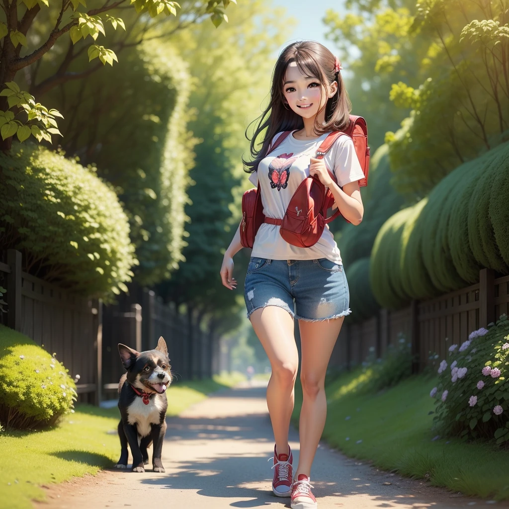 Attractive girl carrying a red backpack、An environment surrounded by beautiful greenery and nature、Enjoy spring outings with cute puppies. The illustrations are high definition illustrations with 4K resolution..、smile、Ultra-detailed:1.0 (figure, step piece line drawing,Features highly detailed facial features and cartoon-like visual butterfly dancing。)