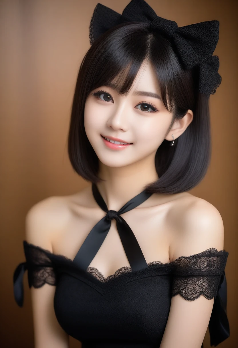 8K, Ultra-high resolution, Highest quality, masterpiece, 三分割法によるphotograph,Surreal, photograph, 1 girl, (16 years old:1.3), pretty girl, Cute face, Beautiful eyes in every detail, 細かくdetailedに,masterpiece,, One Girl:1.2, Japan Female Announcer,whole body,Young Wife,((Bondage and Gothic Lolita)),Pencil Skirt、Black Stockings,Black high heels、Full of cleanliness,A carefree smile,Healing the heart,short hair,Looking at the audience、beauty,Long neck、Laugh a little、Please close your mouth and laugh、(((Ideal body type))),A-cup small breasts :2,、Portraiture:2、Perfect Anatomy、鮮明なdetailed、detailed、Surreal、Light and shadow,Strong light