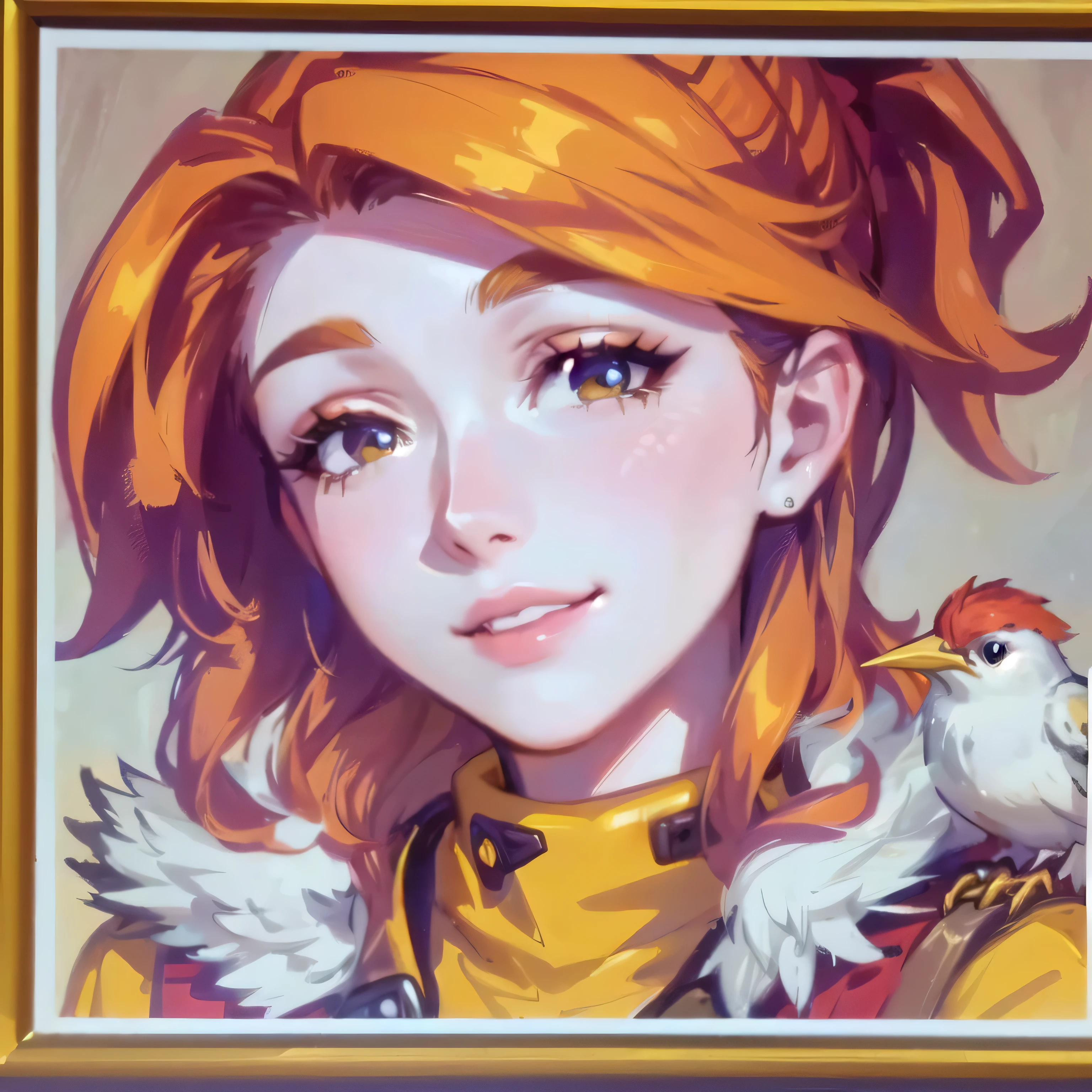 a close up of a picture of a woman with a bird on her shoulder, robin from stardew valley, 