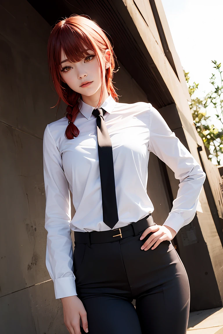 (masterpiece, best quality, high quality, highres, ultra-detailed), 1girl, red hair, single braid, ringed eyes, yellow eyes, golden eyes, bangs, blue sky, white shirt, black necktie, long office pants, low angle view, looking down at viewer, hand on hips, closed mouth, light smile