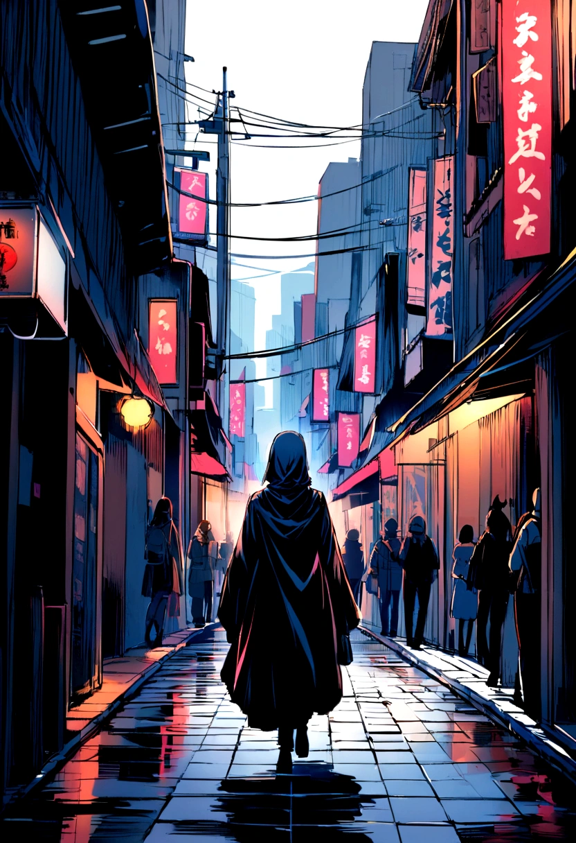 "A mysterious figure leisurely walking through the busy streets of Tokyo.."