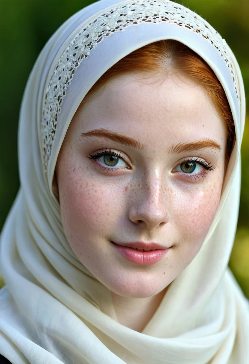 photography half body portrait of very beautiful realistic girl, 15-years-old, porcelain skin, very fair skin, very pale skin, redhead, detail freckles skin, hazel eyes, slanted eyes, small nose, small nostril, thick curved eyebrow, thick bottom lip, seductive gaze, happy face, unique face, wear white glamour hijab, Muslim fancy hijab, detail photo, realistic photo, master piece picture, sharp picture, outdoor clear daylight , sitting on the chair full body photo