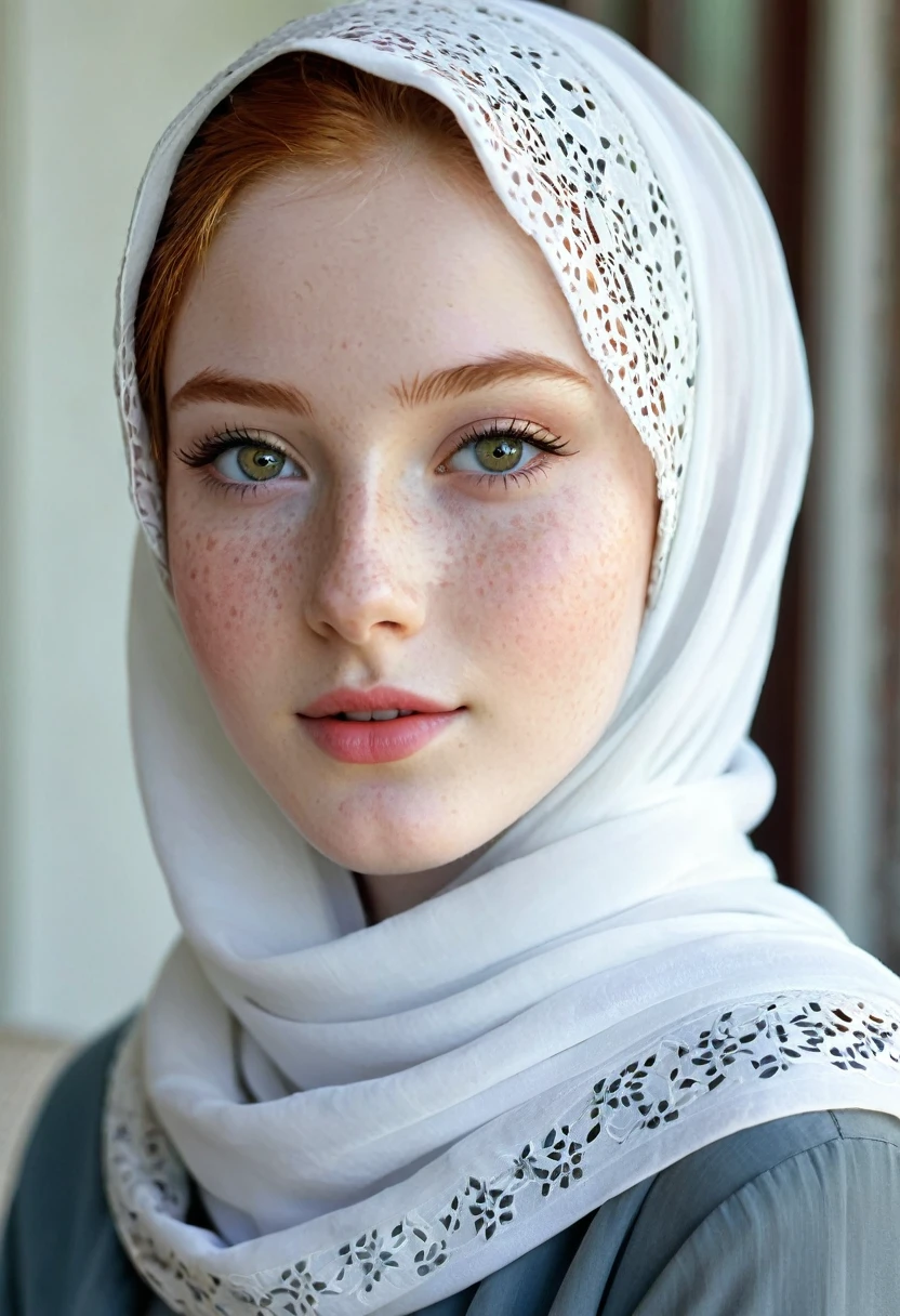 photography half body portrait of very beautiful realistic girl, -yeld, polain skin, very fair skin, very pale skin, redhead, detail freckles skin, hazel eyes, slanted eyes, small nose, small nostril, thick curved eyebrow, thick bottom lip, seductive gaze, happy face, unique face, wear white glamour hijab, Muslim fancy hijab, detail photo, realistic photo, master piece picture, sharp picture, outdoor clear daylight , sitting on the chair full body photo