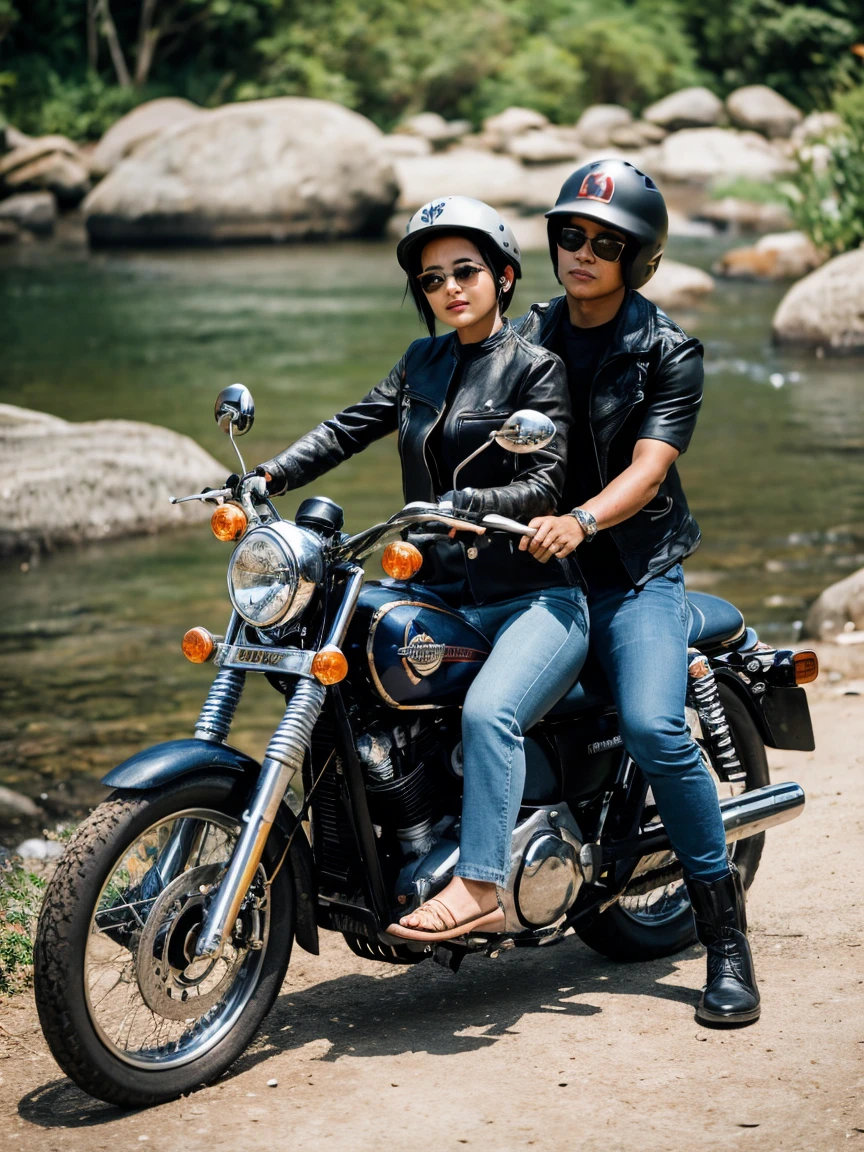 husband and wife from Bali, sitting on a rocky river bank, husband sitting on a rock by the river, wife hugging her husband, they are wearing motorbike clothes, leather jackets and jeans and ankle boots, Indonesian nature, husband has a proportional body, bald head, wears a baseball cap, looks at the camera  , big-breasted wife wearing motorbike clothes, hair tied up, parked beside them is a large Harley Davidson motorbike, helmet and leather bag, very detailed, hyperrealistic, cinematic