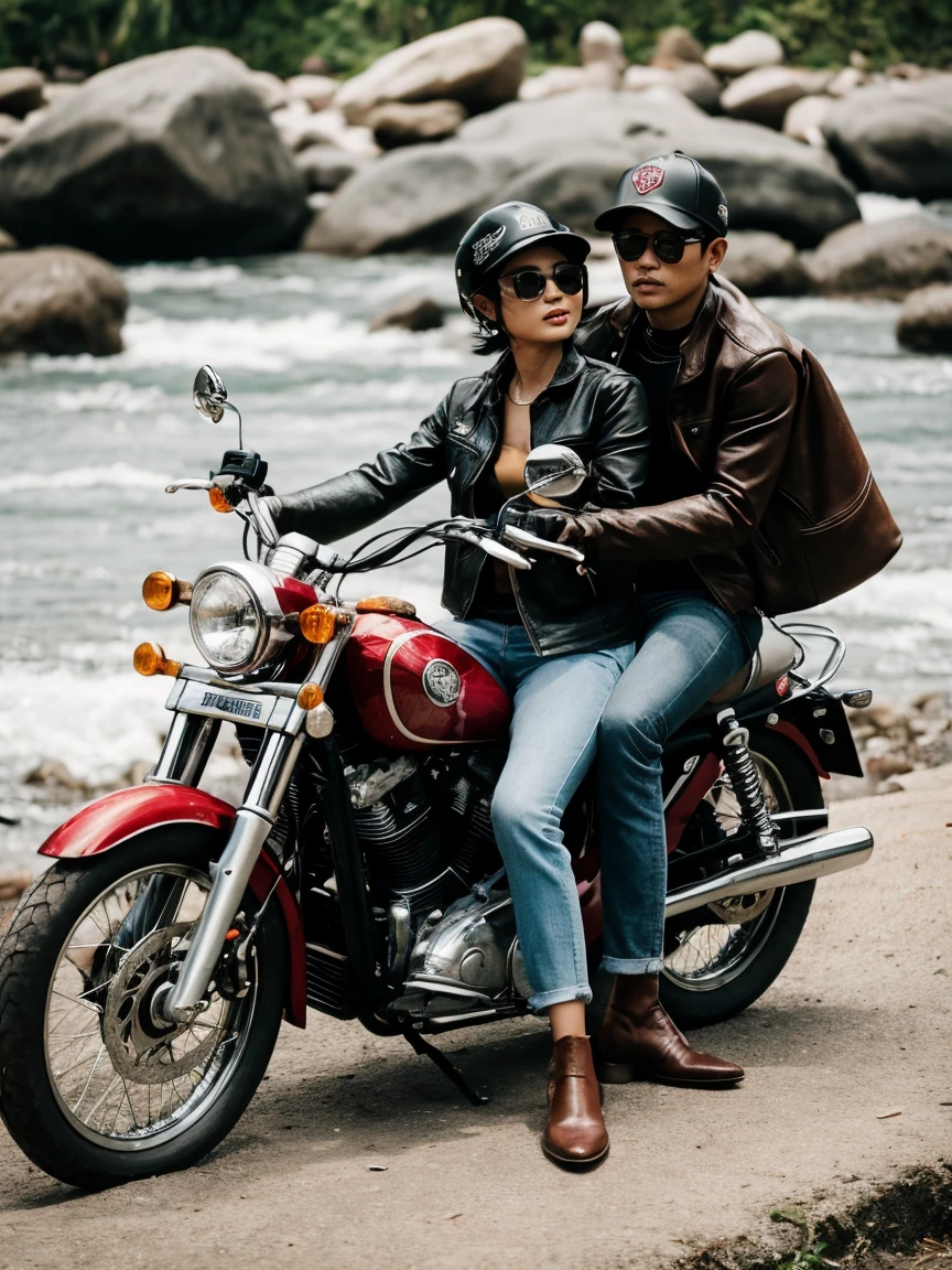 husband and wife from Bali, sitting on a rocky river bank, husband sitting on a rock by the river, wife hugging her husband, they are wearing motorbike clothes, leather jackets and jeans and ankle boots, Indonesian nature, husband has a proportional body, bald head, wears a baseball cap, looks at the camera , big-breasted wife wearing motorbike clothes, hair tied up, parked beside them is a large Harley Davidson motorbike, helmet and leather bag, very detailed, hyperrealistic, cinematic