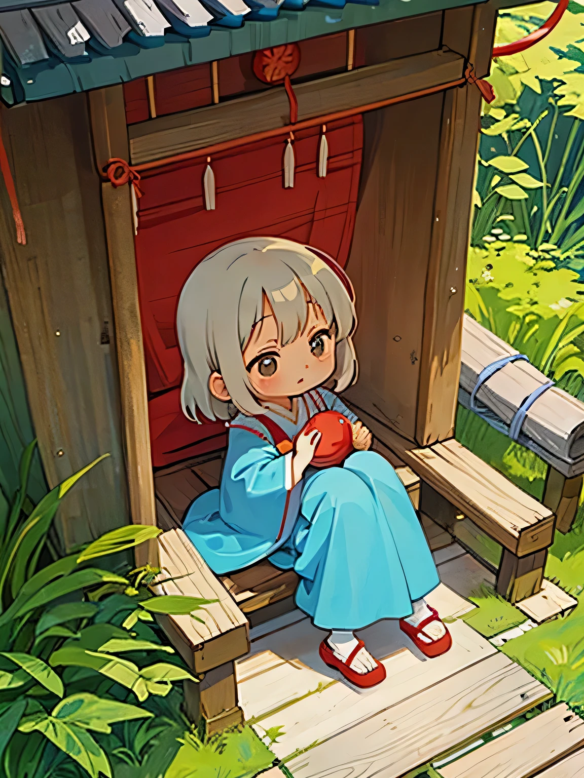 Hayao Miyazaki style、Kawaii Design, The most beautiful girl of all time、chibi, Shrine maiden, shrine, pray