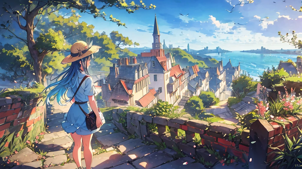 high resolution、Fantasy、landscape、Europe、Anime Style、beautiful　Overlooking the cityscape　Young girl back view　Straw hat、Nostalgic、Ocean　brick stairs