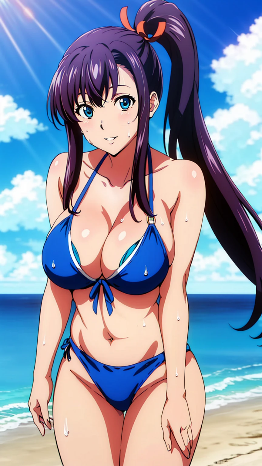 Blue Eyes, Purple Hair, bangs,Side Ponytail, hair ornaments, Smiling, looking at the viewer, blue theme, blue background, cloudy sky, sunlight, sweat, orgasmic, bikini swimsuit, large breasts, cleavage, belly button exposed, collarbone, thighs, sea and beach,