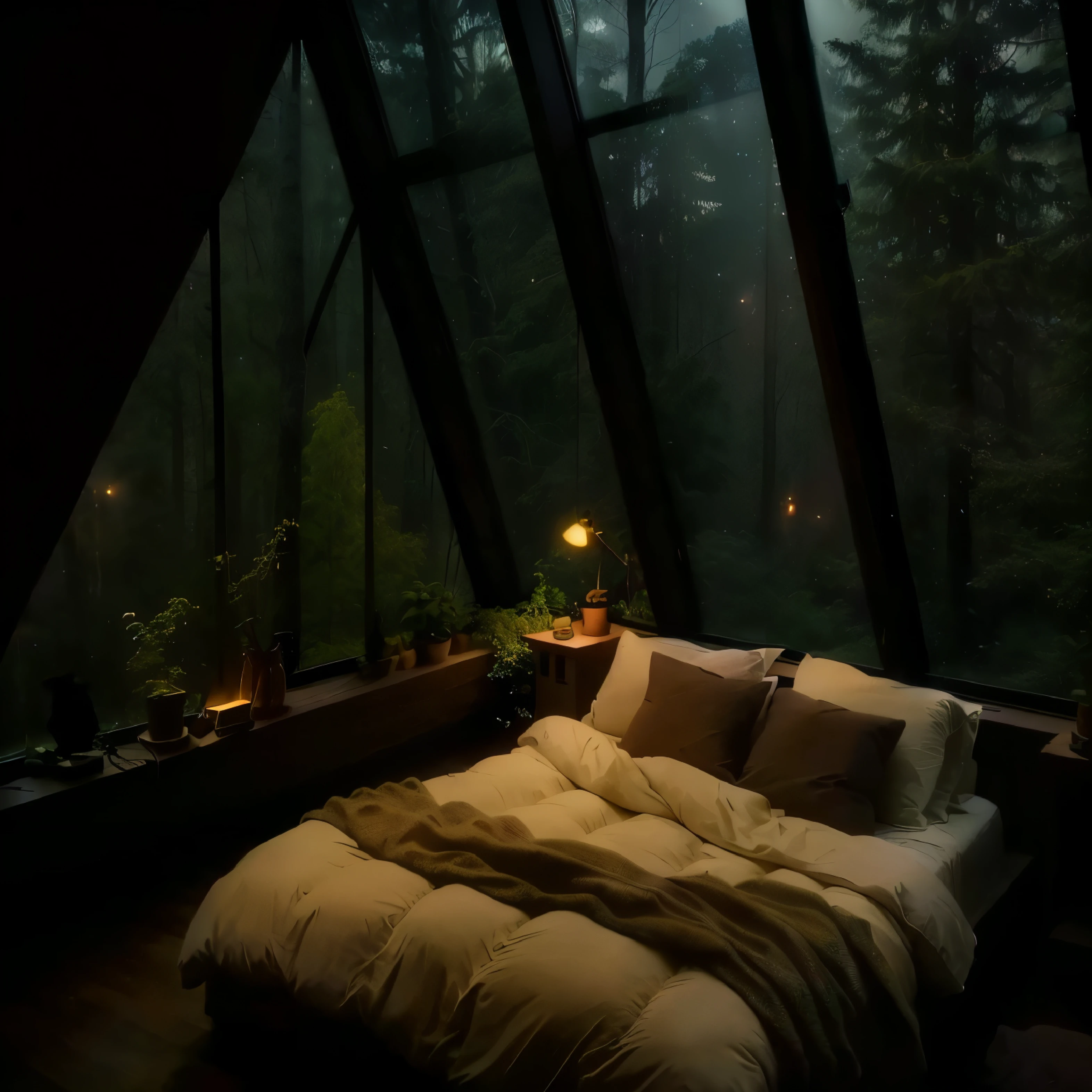 airy room with bed and window overlooking the forest, large windows to the forest at night, cozy envirnment, cozy room, cozy bed, cozy and calm, cozy place, cozy atmospheric, cozy envirnment e tranquilo, cozy wallpaper, cozy treehouse bedroom, dimly lit bedroom, Windows bed, cozy lighting, foggy room, cozy night fireflies