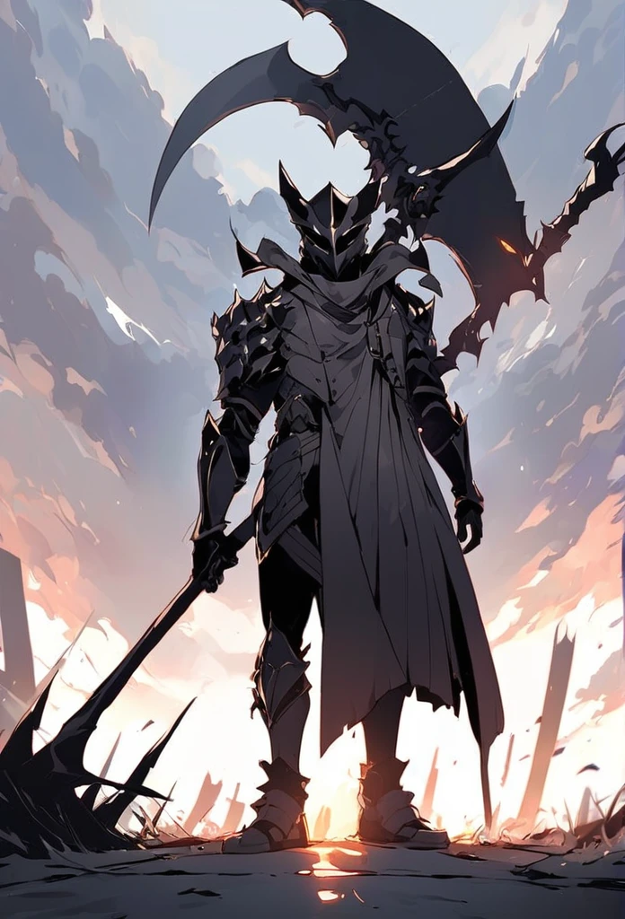 Cat knight standing alone scythe on on hand redy to strike and sword on the back