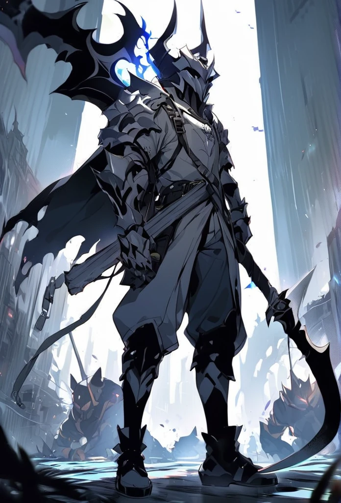 Cat knight standing alone scythe on on hand redy to strike and sword on the back